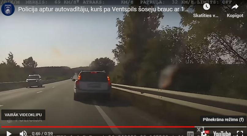 Policija aptur autovadītāju, kurš pa Ventspils šoseju brauc ar 180 /video/