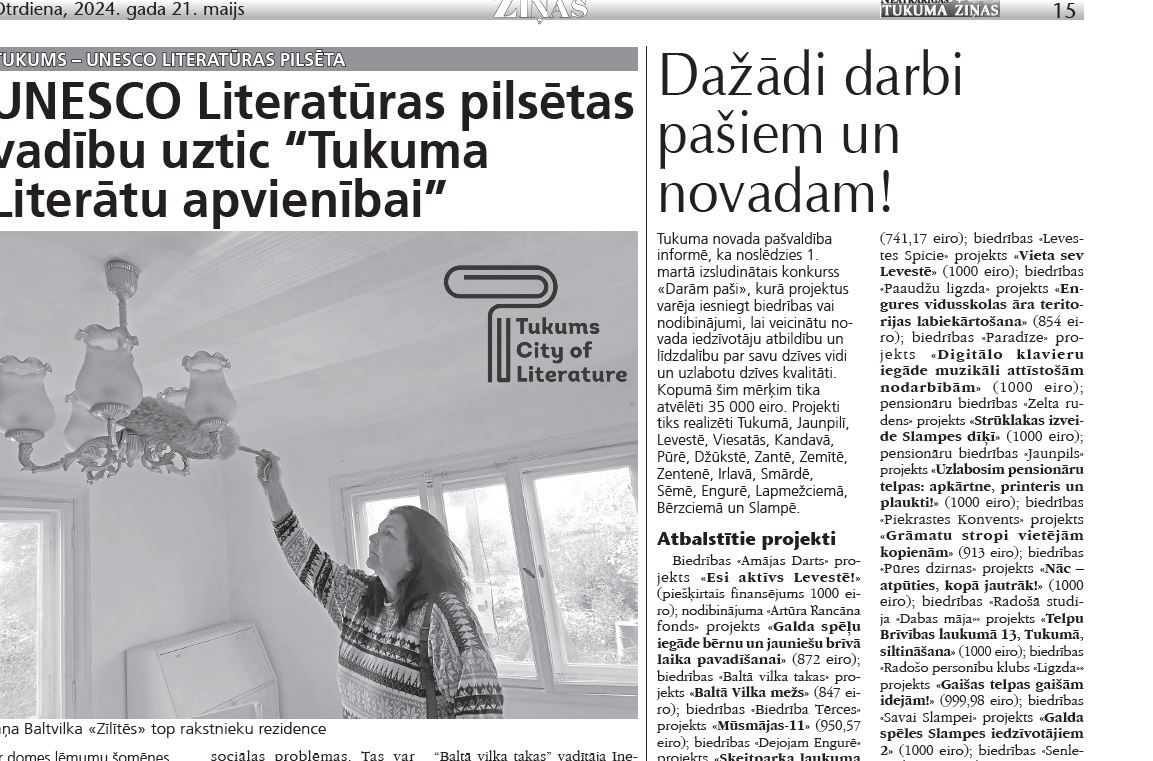 UNESCO Literatūras pilsētas vadību uztic “Tukuma Literātu apvienībai”
