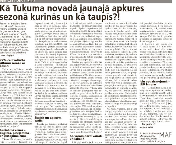 Kā Tukuma novadā jaunajā apkures sezonā kurinās un kā taupīs?!