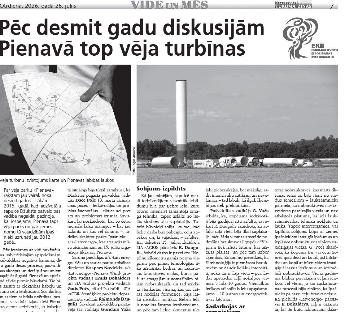 Pēc desmit gadu diskusijām Pienavā top vēja turbīnas 