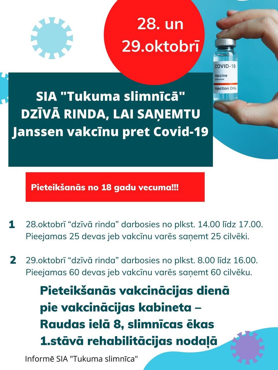 28. UN 29. OKTOBRĪ “DZĪVĀ RINDA”, LAI SAŅEMTU JANSSEN VAKCĪNU PRET COVID-19