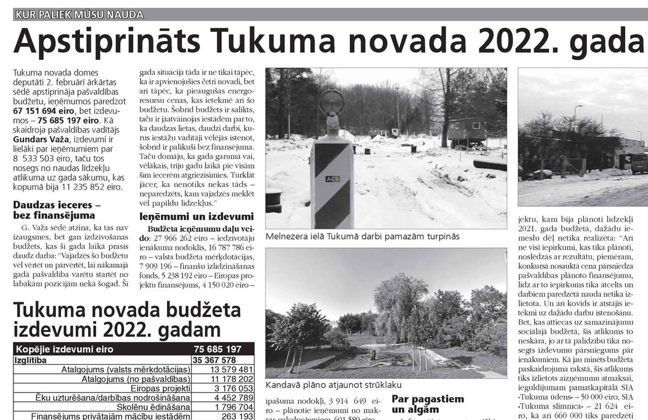Apstiprināts Tukuma novada 2022. gada budžets
