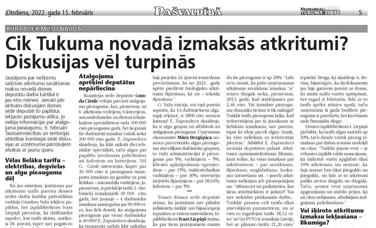 Cik Tukuma novadā izmaksās atkritumi? Diskusijas vēl turpinās