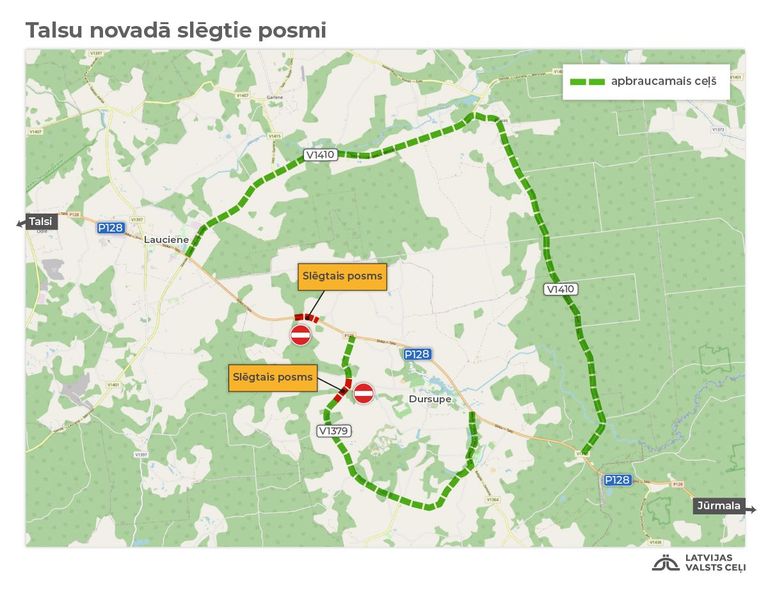 Lietavu dēļ Talsu apkārtnē izskaloti un applūduši autoceļi