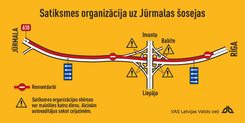 Autobraucēju ievērībai: Satiksme uz Jūrmalas šosejas tiek pārslēgta uz vienu brauktuvi pa divām joslām katrā virzienā